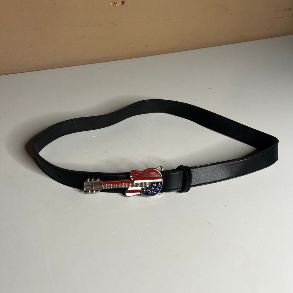 Black Belt with American Flag Guitar Buckle Patriotic Music Rocker Accessory